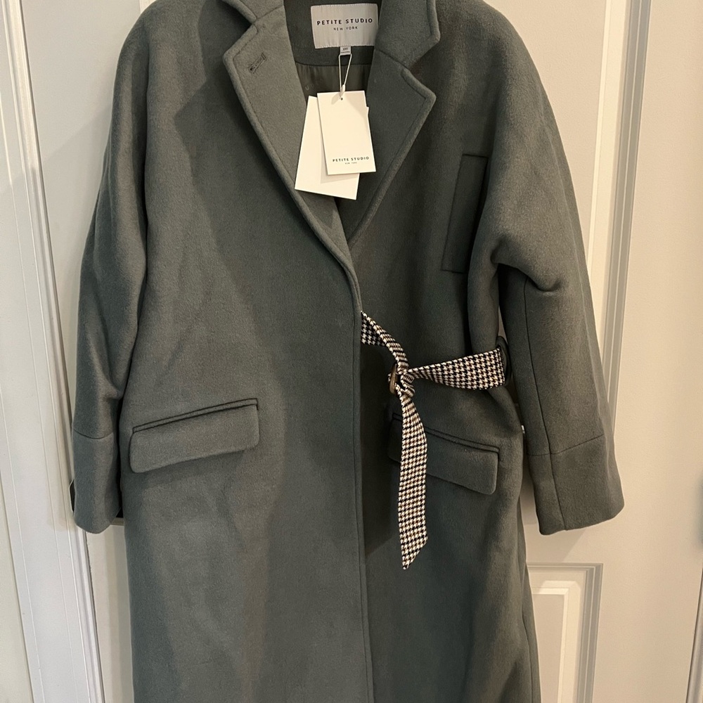 Petite Studio Gray Trench Coat with Checkered Belt